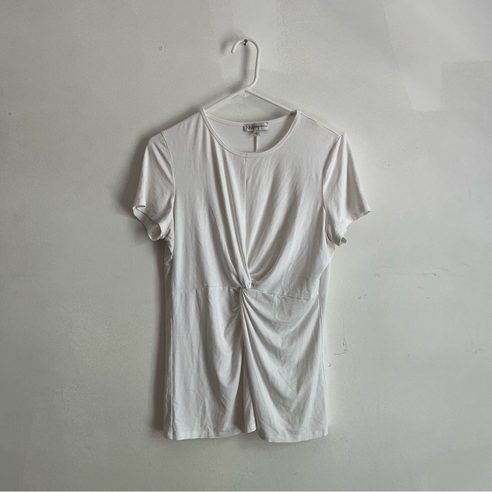 Neiman Marcus White Scoop Neck T-Shirt - Size L, Rayon-Spandex Blend, Twist